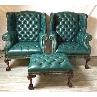 Pair of Teal Leather Tufted Wing Chairs with Ottoman by Hancock and Moore