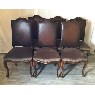 Set Of Six Walnut Country French Chairs, Brown Leather Back, Brown Velvet Seats