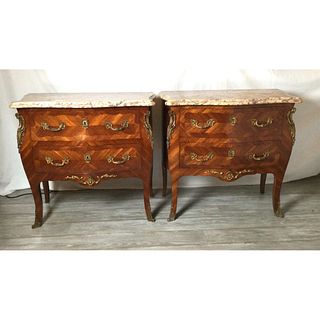 Pair of Mid-20th Century Marble Top Bombe Inlaid Two Drawer Chests with Ormolu