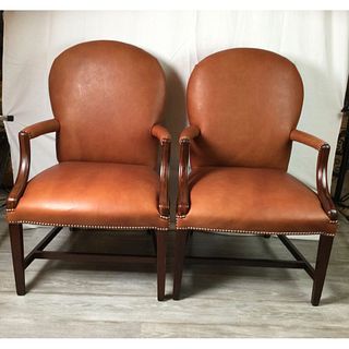 Pair of Leather and Mahogany Library Chairs