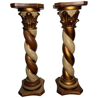 Mid Century Pair of Carved Wood Pedestals with Decorative Faux Painting