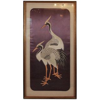 Large Framed Silk Embroidery of a Pair of Cranes