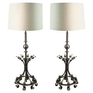 Pair of Postmodern Silvered and Aged Metal Table Lamps