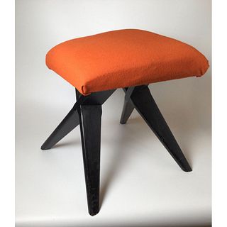 Mid Century Orange Fabric Stool with Ebonized Wood Legs