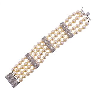 Mid Century 14k Gold Diamond Pearl Bracelet