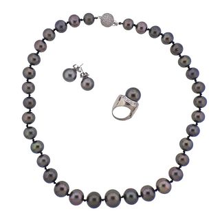 18k Gold Black South Sea Pearl Diamond Necklace Earrings Ring Set