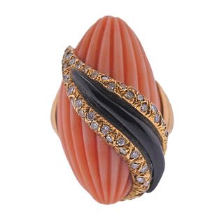 Andre Vassort 18k Gold Carved Coral Diamond Onyx Ring