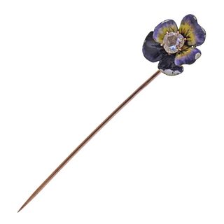 Antique 18k Gold Diamond Enamel Pansy Flower Stick Pin
