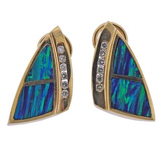 14k Gold Inlay Black Opal Diamond Earrings