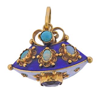 Antique 18k Gold Enamel Opal Turquoise Amethyst Charm Pendant