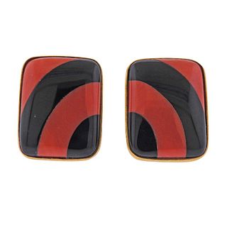 18k Gold Inlay Coral Onyx Earrings
