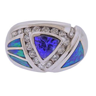 14k Gold Inlay Opal Tanzanite Diamond Ring 