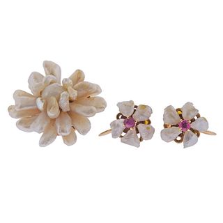 14k Gold Mississippi River Pearl Ruby Earrings Brooch Set