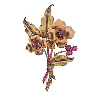 Retro 18k Gold Diamond Ruby Flower Brooch Pin