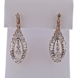 Antique 14k Gold Diamond Pearl Drop Earrings