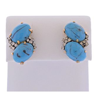 1960s 18k Gold Diamond Turquoise Earrings