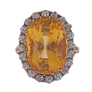 GIA No Heat 21.9ct Yellow Sapphire Diamond Antique RIng