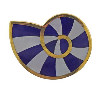 Vintage Tiffany & Co 18k Gold Mother of Pearl Lapis Brooch Pin 
