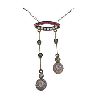 18k Gold Sterling Silver Diamond Ruby Necklace 