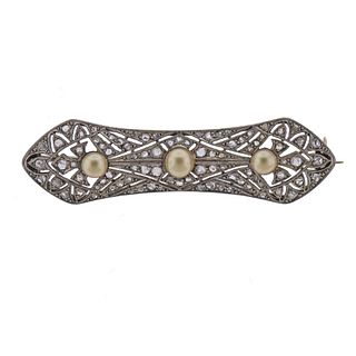 Art Deco 18k Gold Diamond Pearl Brooch Pin 