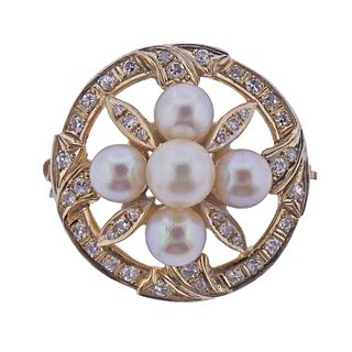 14k Gold Diamond Pearl Brooch Pin
