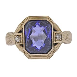 Art Deco 14k Gold Synthetic Sapphire Diamond Ring