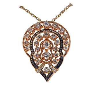 Antique 14k Gold Diamond Enamel Pendant Brooch on Necklace