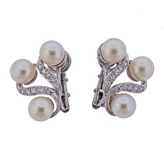 Mid Century 14k Gold Diamond Pearl Earrings