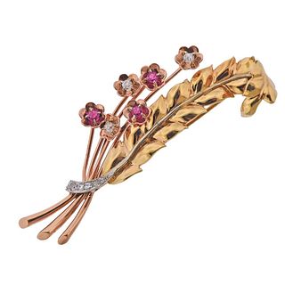 Retro 14k Gold Diamond Ruby Floral Brooch Pin