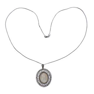 Art Deco Carved MOP Diamond Pearl 14k Gold Pendant on Necklace