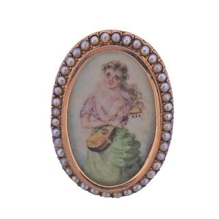 Antique 14k Gold Seed Pearl Miniature Portrait Brooch Pin