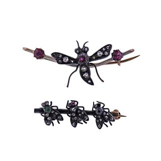 Antique Silver Gold Gemstone Diamond Insect Brooch Set