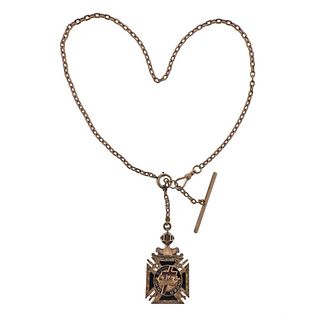 Antique Gold Enamel Fob Chain Medal Pendant Necklace