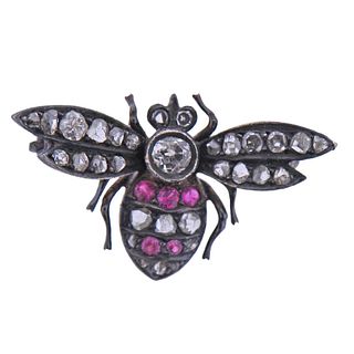 Antique Silver Gold Diamond Ruby Insect Bee Brooch Pin