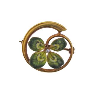 Antique 14k Gold Seed Pearl Enamel Clover Brooch Pin