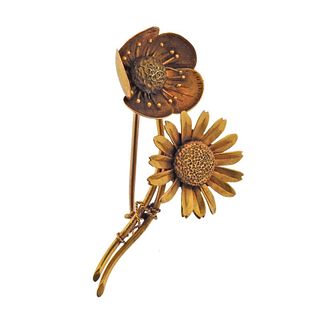 Antique Art Nouveau 18k Gold Sunflower Brooch Pin