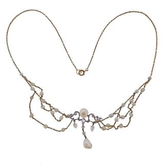 Antique 14k Gold Diamond Pearl Necklace