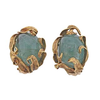 1960s 14k Gold Green Beryl Cabochon Earrings