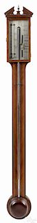 English mahogany stick barometer, 19th c., with line and barber pole inlays