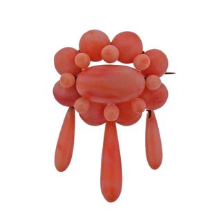 Antique Victorian 14k Gold Coral Brooch Pin