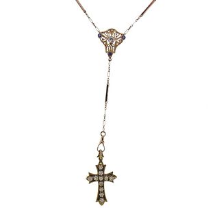Art Deco Filigree Rose Gold Diamond Sapphire Fob Necklace Cross Pendant