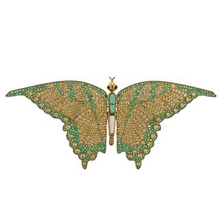 Demner Large 18k Gold Diamond Emerald Butterfly Brooch