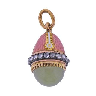 Faberge Antique Russian Gold Silver Diamond Bowenite Enamel Egg Pendant Charm