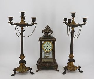 Antique Bronze 3 Piece Clock Garniture Set.