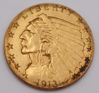 NUMISMATICS. 1913 $2.50 Indian Head Gold Coin.