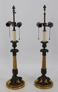 A Pair Of Bronze & Marble Candle Sticks As Lamps