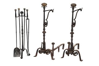 Pair Baroque Style Iron and Brass Andirons