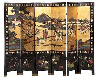 Chinese Lacquered Polychromed Six Panel Room Screen