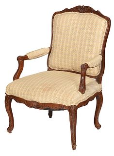 Louis XV Carved Beechwood Open Arm Chair