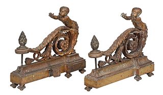 Pair of Louis XV Style Figural Brass Chenets